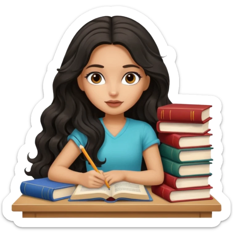 a pretty tan bratz girl with black wavy long hair studying. Pile of books on the table. No glasses sticker