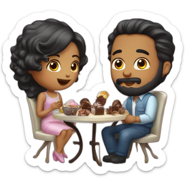 par de novios comiendo chocolates. el chico tiene barba and the girl black hair  sticker