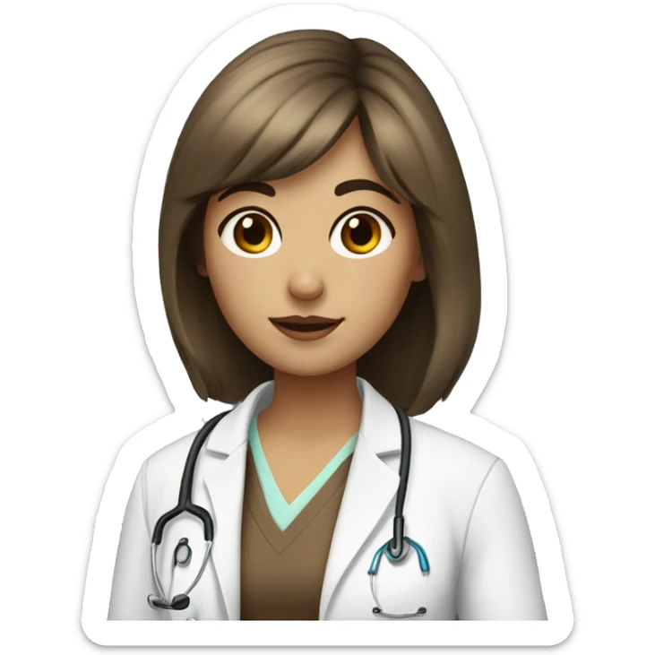 Doctor a woman with brown eyes and hair with bangs and white skin stay with a book sticker