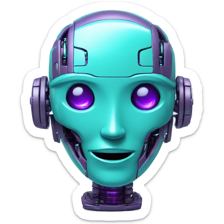 Smily face robotic scanning device, cyberpunk, cyan and purple colors, friendly, futuristic, binary code sticker