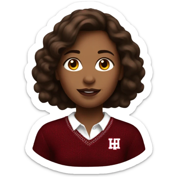 Girl with tannish white skin and brown hair wearing a dark red and white sweater with the Harvard University logo on it sticker