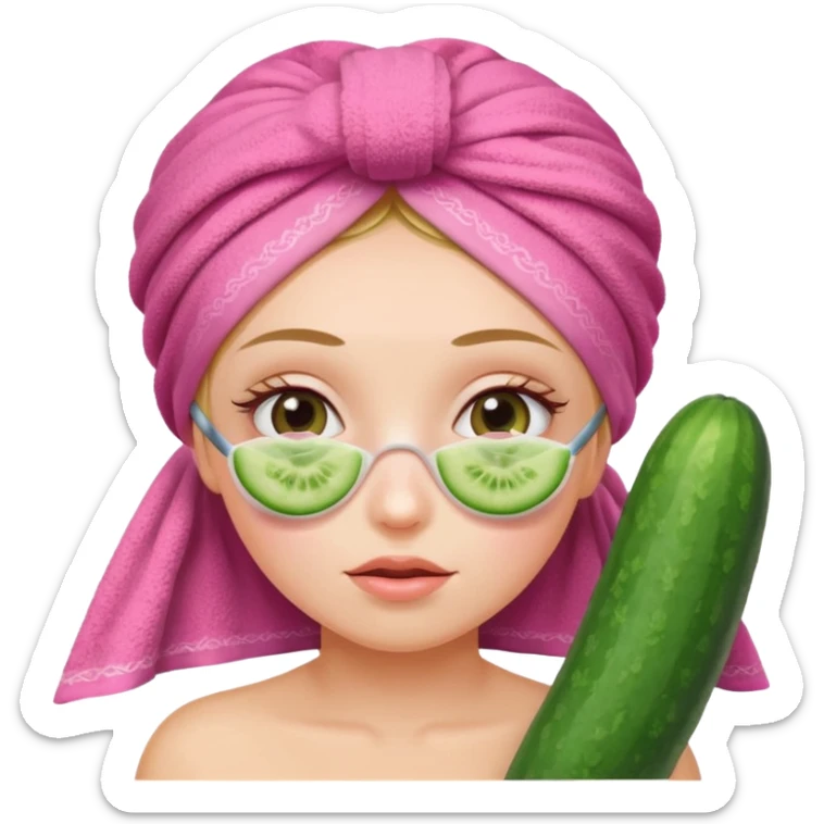 Girl with cucumbers on her eyes and a pink towel on her head sticker