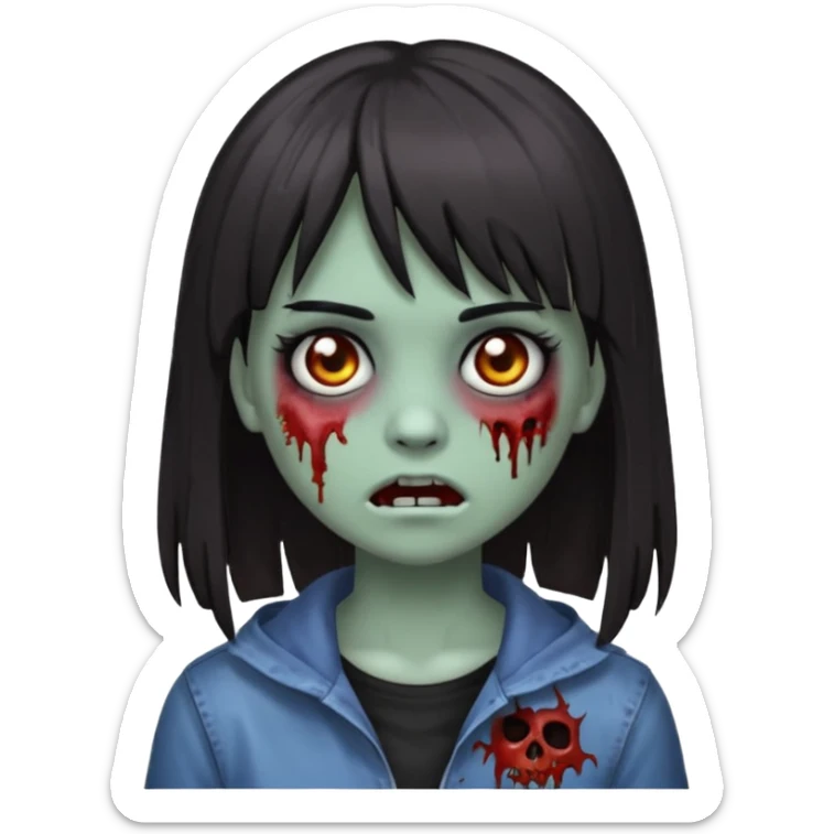 zombie emoji 🧟‍♀️ dark hair long her shoulders bangs emo and ragged haircut gray eyes sticker