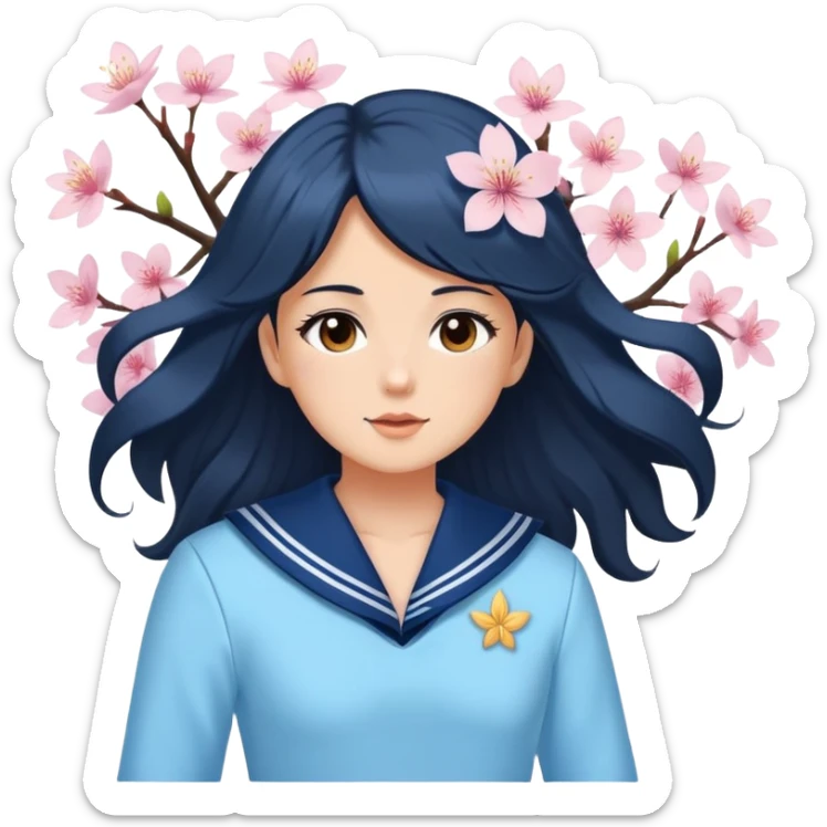  A white girl with a Black long hair, and a baby blue sailor suit, enjoying the spring breeze，Wearing cherry blossoms on your hair sticker