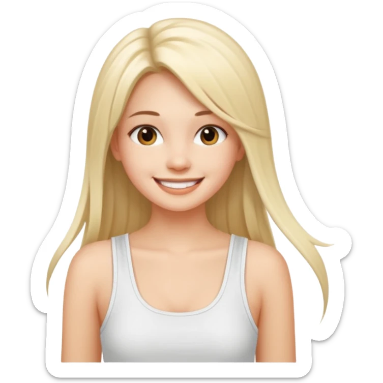 a pretty bratz fair girl with straight long hair, wearing a white noodle strap tank top, smiling sticker
