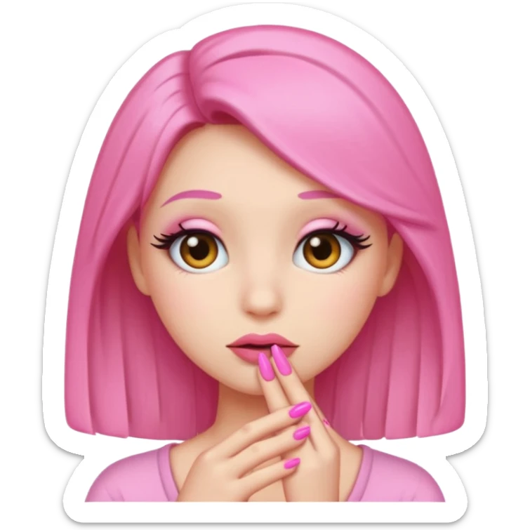 Shy emoji with long lashes, pouty lips, and pink nails on a black background, cute aesthetic sticker