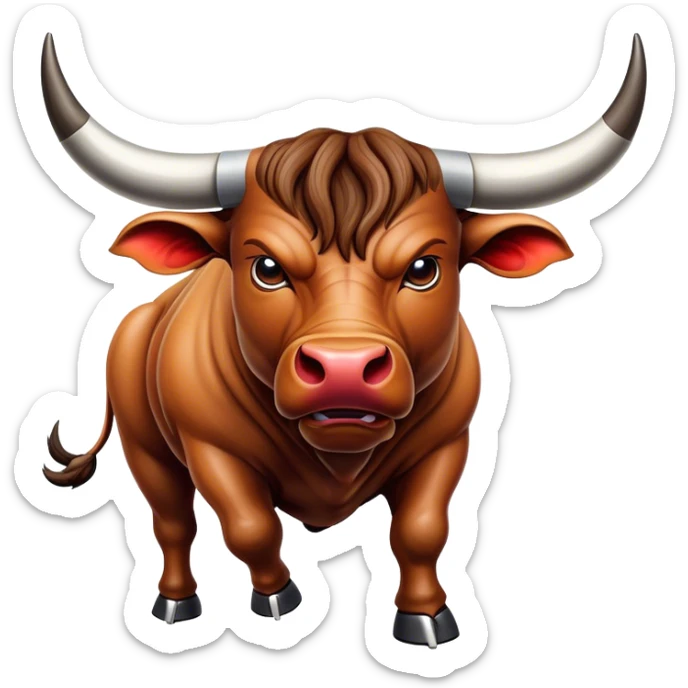 Cinematic Realistic depiction of a powerful Spanish charging bull, rendered with dynamic muscle definition and detailed, textured hide, set against a dramatic backdrop with intense, action-packed lighting sticker