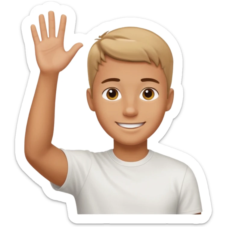 joven bronceado corte de pelo muy cortito polera blanca sonrisa bonita saludando mano arriba sticker