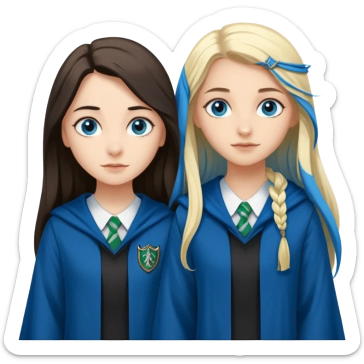 a pretty ravenclaw girl with long dark brown hair and blue eyes standing with a pretty Slytherin girl with long blonde hair, blue eyes sticker