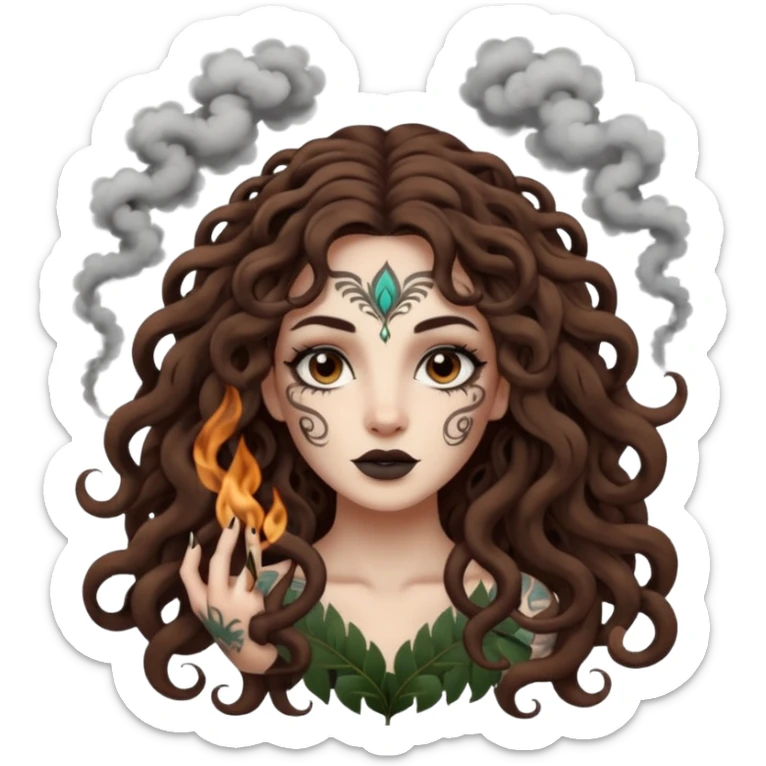 woman with long curly brown hair, brown eyes, white skin, tattoos, forest spirits shaped like smoke animals circling her sticker