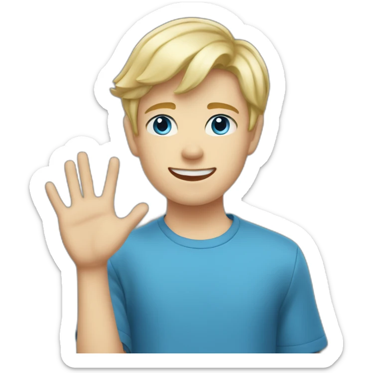 Blonde teen boy with medium short hair, blue eyes, waving hi to the camera sticker