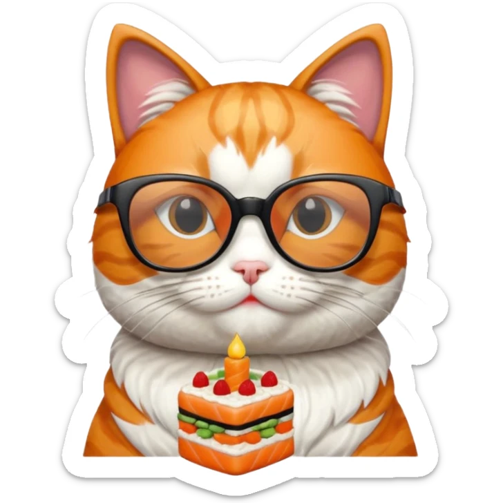 cat with cool thick square shaped glasses eating a birthday cake made out of sushi sticker