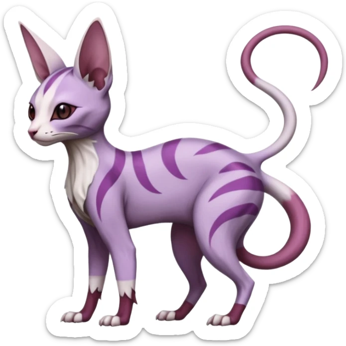 Purple, white, black, Minccino-Sphynx-Lykoi-Linoone-Zangoose-fusion-hybrid-animal-Fakémon-creature, full body, thin long sleek scaly tail, intricate markings sticker