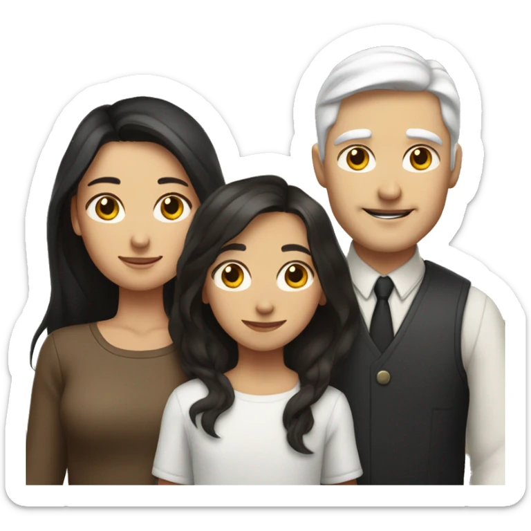  a woman with long brown hair, a man with white hair and a round face, and a young girl with long black hair standing between them, representing a family unit sticker
