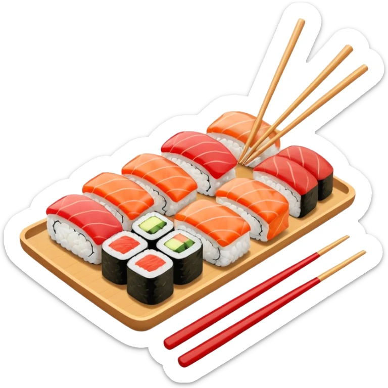 Japanese cuisine humanless avatar in minimalist emoji-style illustration. Sushi and chopsticks, clean lines, red white colors, flat design, calm and modern. sticker
