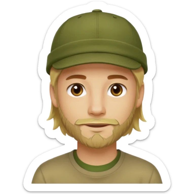 Apple emoji style young man with light skin, long blond hair, short stubble beard, dark eyes, olive green cap, friendly expression, clean shapes and soft gradients. sticker