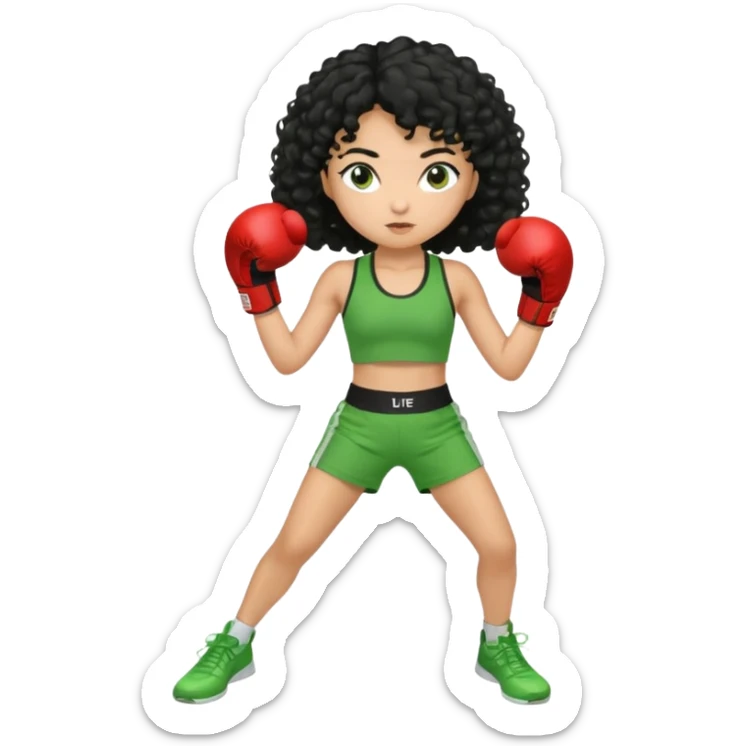 a girl with black curly hair and olive skin in a green workout outfit, boxing sticker