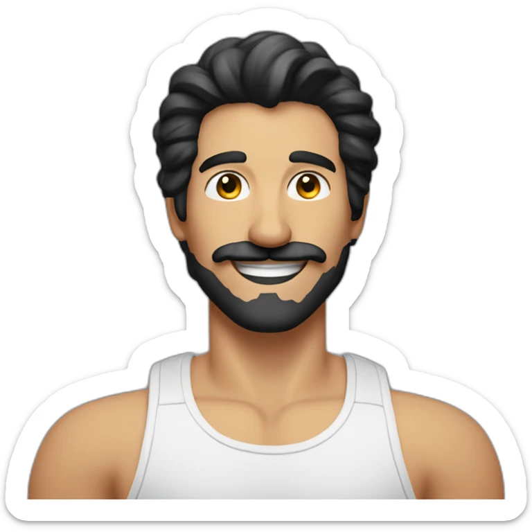 HAPPY MAN WITH MUSTACHE, stubble AND LONG BLACK HAIR AND WHITE TANK TOP sticker