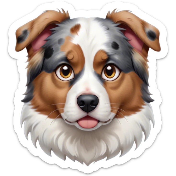 Cinematic Meme-Worthy Grumpy Calico Australian Shepherd Portrait Emoji, Head held high but eyes filled with dramatic disappointment, smooth white fur with spectacular patches of black, tan, and red calico merle, deeply furrowed brow forming an unmistakable scowl, floppy ears slightly angled back in disapproval, piercing blue eyes glaring with pure exasperation, Simplified yet hilariously over-exaggerated features, highly detailed, glowing with an aura of supreme annoyance, high shine, exhausted yet judgmental, stylized with an almost regal pettiness, bright but brooding, soft glowing outline, capturing the essence of a pup that has seen it all and is thoroughly unimpressed, so meme-worthy it feels like it could instantly become the next viral sensation of grumpiness! sticker