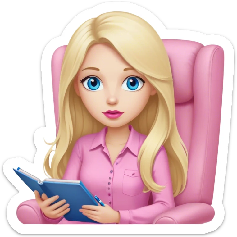 Cinematic realistic blonde with long hair, blue eyes and pink lips, dressed in a pink shirt, sits in a beige armchair with a notebook and pen in her hands sticker