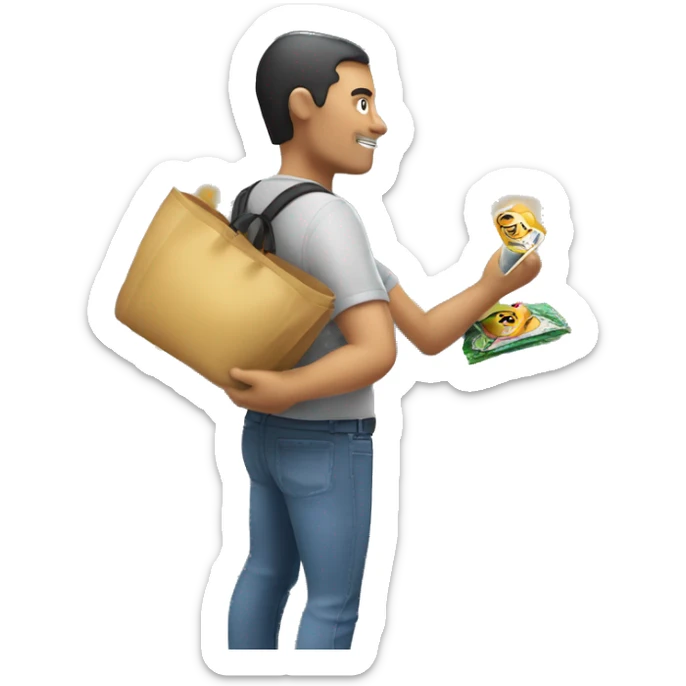 Un client dans un magasin entrain de scanner un rayon à côté d'un caddie plein  sticker