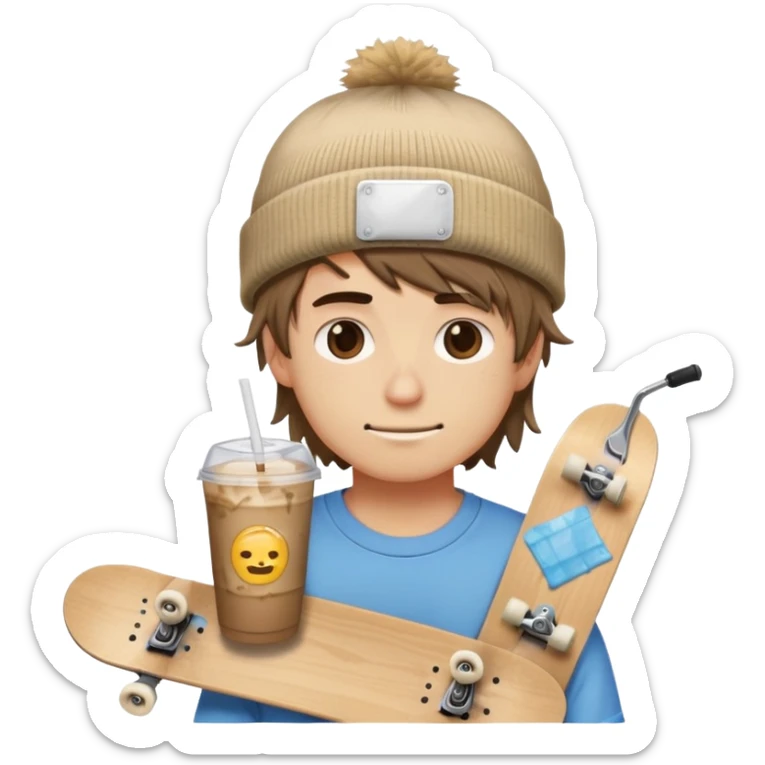 Skater Boi Boyfriend Emoji beanie, messy hair, bandaid, skateboard, iced coffee, chill eyes, sticker