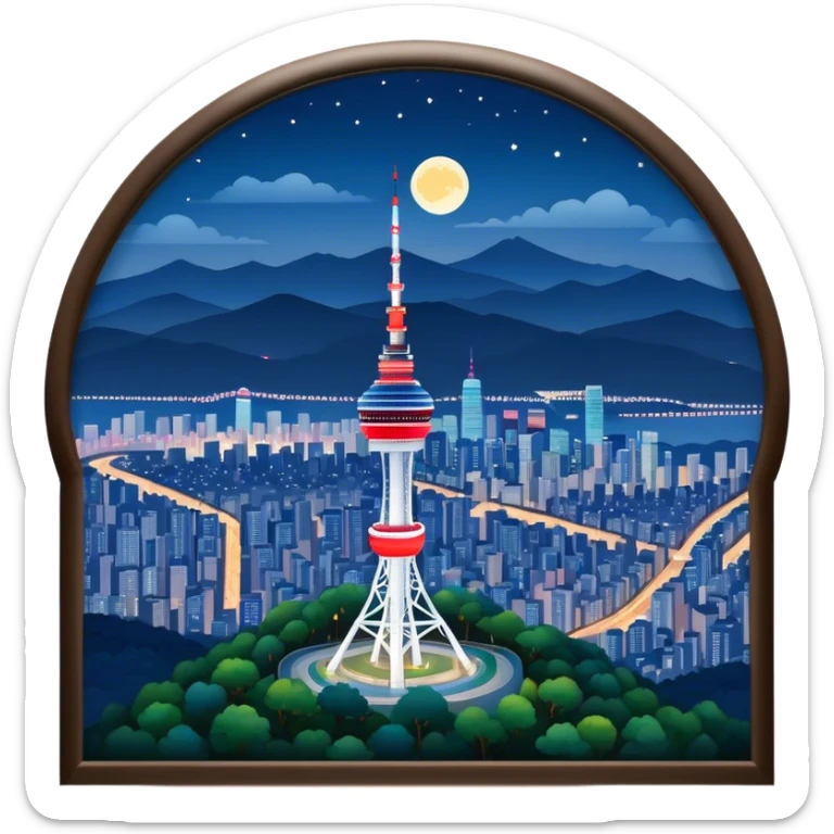 N Seoul Tower Landmark Emoji – Showing the tower atop Namsan Mountain with city lights in the background. sticker