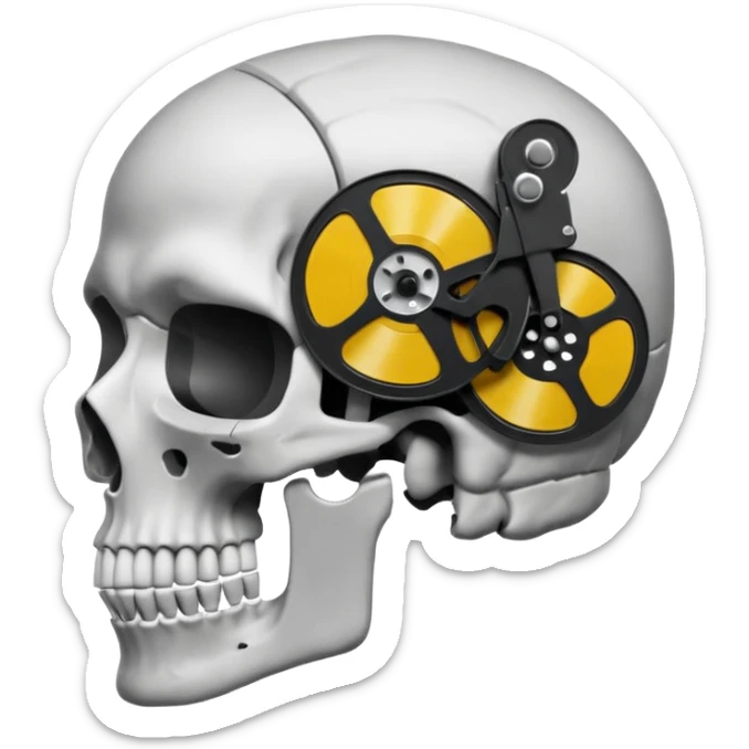 Minimalist emoji-style sticker of a human skull in profile, with a film reel replacing the brain. Grayscale icon with bold silhouette.
 sticker
