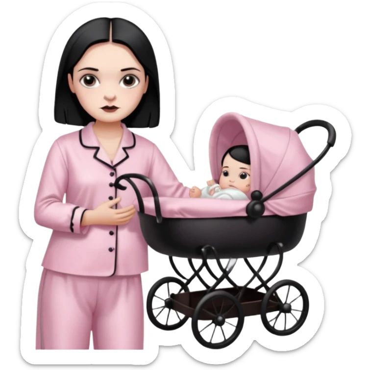 Full model stunning Wednesday Addams dark smoky eyeshadow seductive in a unbuttoned Light pink silk pyjamas set touching baby carriage  sticker