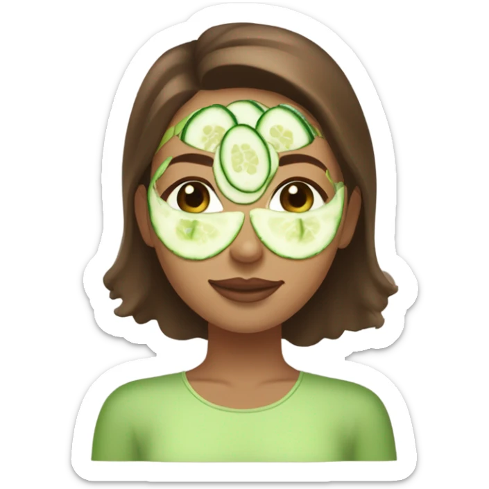Girl with freackles Brown hair white skin Tone and blue eyes wears Green skin care mask while She relaxes and cucumber on her closed eyes sticker