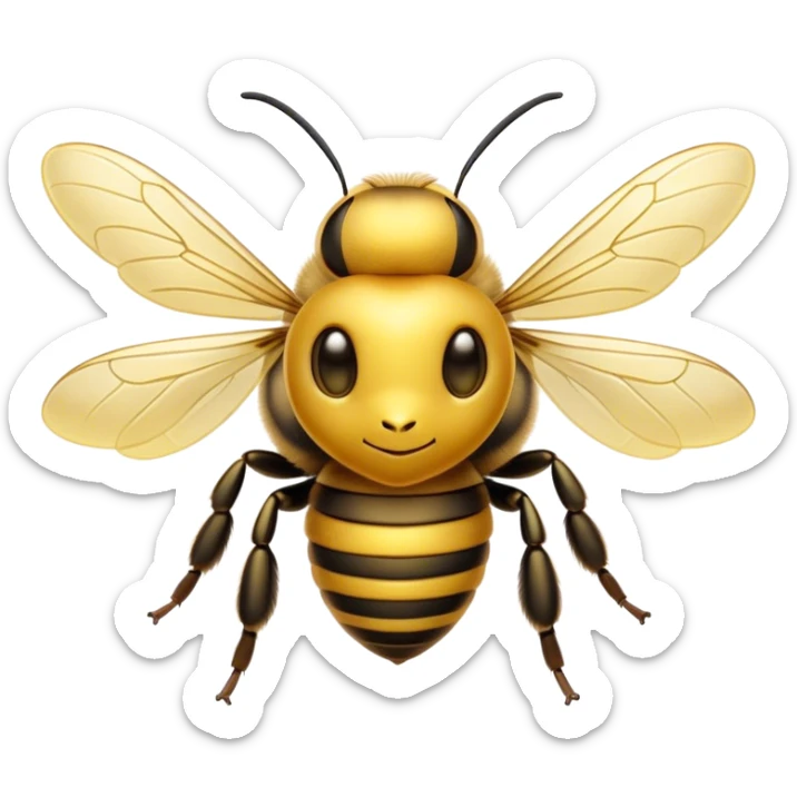 Cinematic Noble Bee Portrait Emoji, Poised and industrious, with a compact, fuzzy body in golden-yellow hues, delicate translucent wings, and a focused, determined expression with sparkling eyes, Simplified yet sharp and sophisticated features, highly detailed, glowing with a soft, sunny radiance, high shine, intelligent and diligent, stylized with an air of natural elegance, focused and alert, soft glowing outline, capturing the essence of a watchful bee that appears ready to buzz out of the screen with effortless authority! sticker