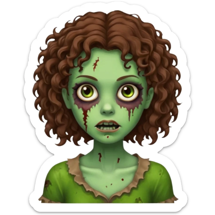 Faça uma garota zombie de cabelo cacheado castanho, olhos castanhos escuro e pele verde d zombie, com o cabelo abaixo do ombro sticker