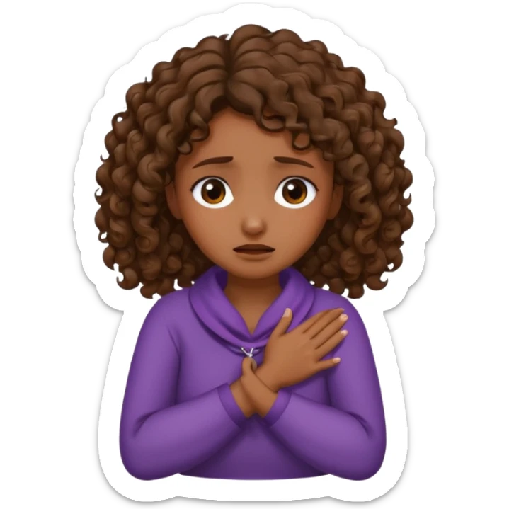 Medium  dark skin tone curly brown hair girl with her hands crossed and around her neck crying  sticker