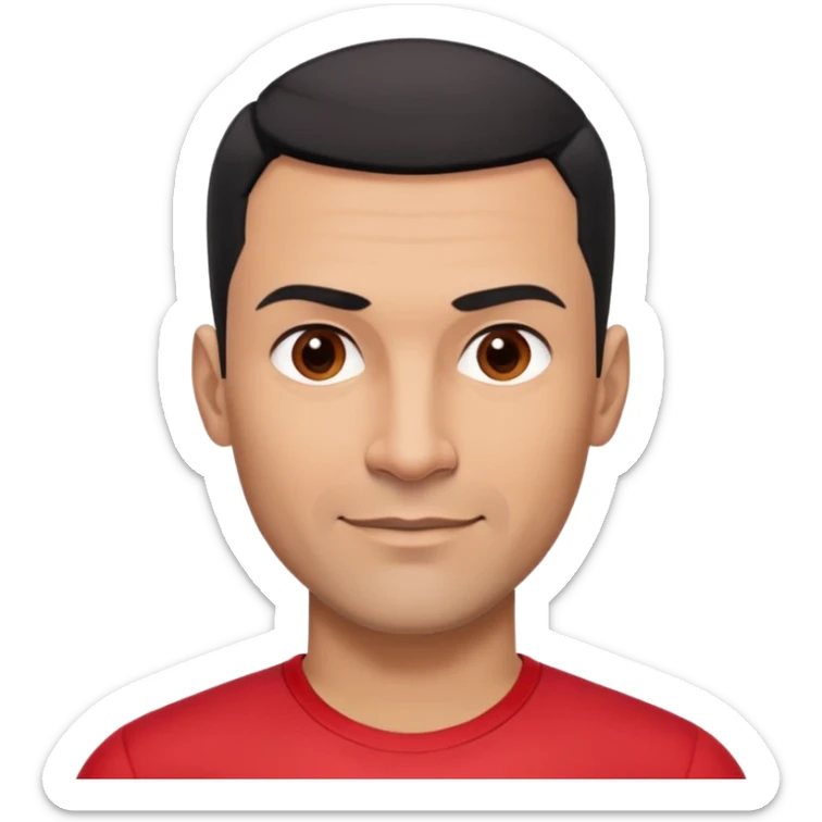 Robust athletic man in his 40s with light brown skin tone, very short black hair with modern fade haircut, strong square face with pronounced cheekbones, thick eyebrows, wide nose, medium lips with friendly smile, wearing red fitted athletic shirt sticker