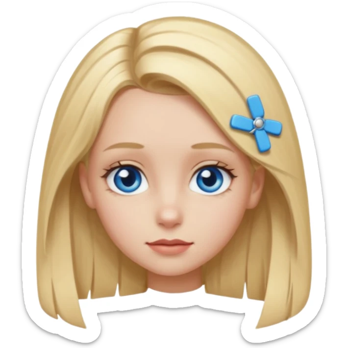 blonde girl, blue eyes with clips in hair and big forehead sticker