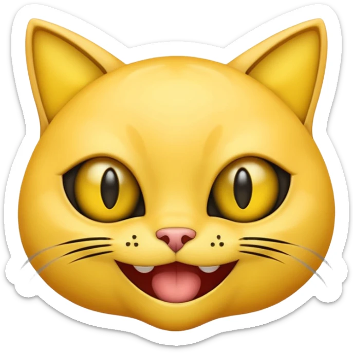 Yellow emoji with vertical slit cat eyes, huge creepy grin from ear to ear sticker