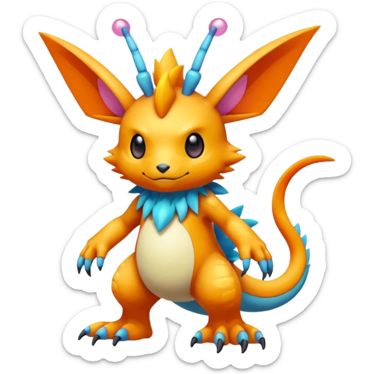 randomly-colored furry edgy kawaii Fakémon-Pokémon-Scalie-Digimon-creature (full body) with antennas and long segmented body sticker