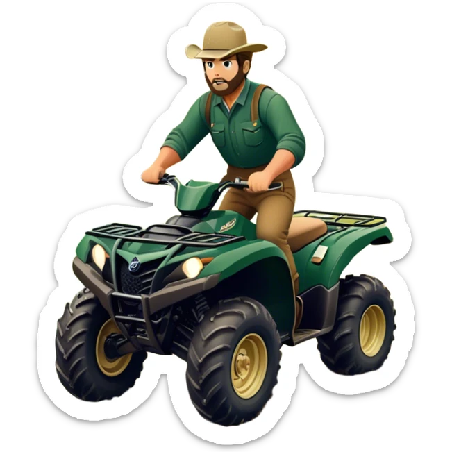 Yamaha Grizzly 700 (2019) – Cinematic-realistic Yamaha Grizzly 700 ATV, its dark green frame tearing through muddy trails. Thick off-road tires grip the rugged terrain as a farmer rides across the paddock, herding cattle with precision under a golden sunset. sticker