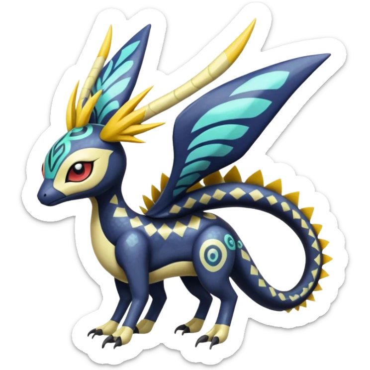 zig-zag-patterned tribal tropical hot spotted Meloetta-Dialga-Giratina-Noibat-Pokémon-Fakémon-fusion-hybrid-creature sticker
