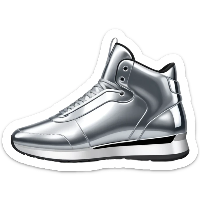 A pair of futuristic sneakers emoji made of silver chrome, sleek streetwear design, smooth metallic panels, subtle reflections, luxury swag aesthetic, iOS emoji style, centered, clean white background sticker