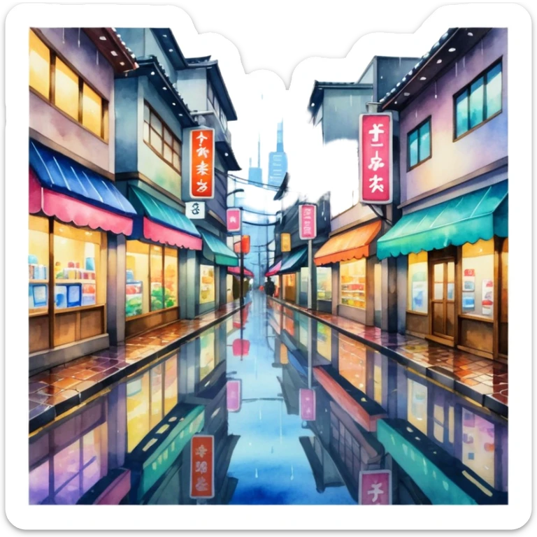 A loose, flowing watercolor painting of a Tokyo street in the rain, showing colorful reflections in puddles and glowing shop signs. sticker