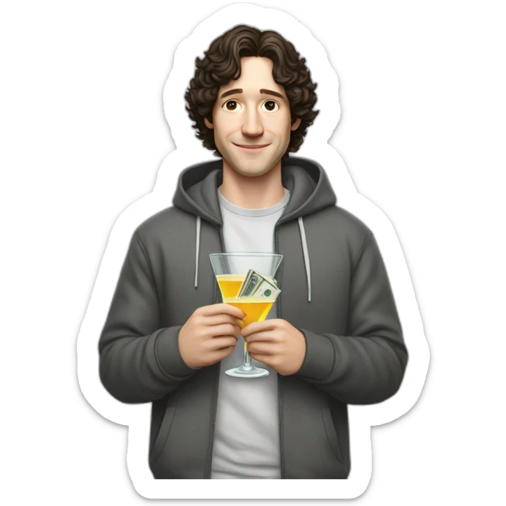 josh brener from silicon valley, realistic with hoodie holding martini in one hand and cash stack in the other sticker