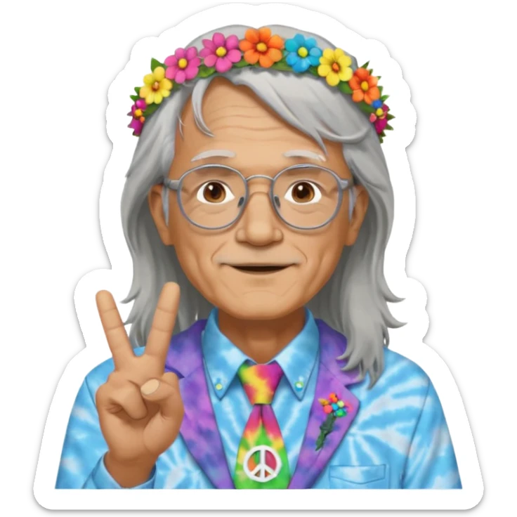 elderly man with long grey hair, glasses, peace sign necklace, tie-dye clothing, flower crown sticker