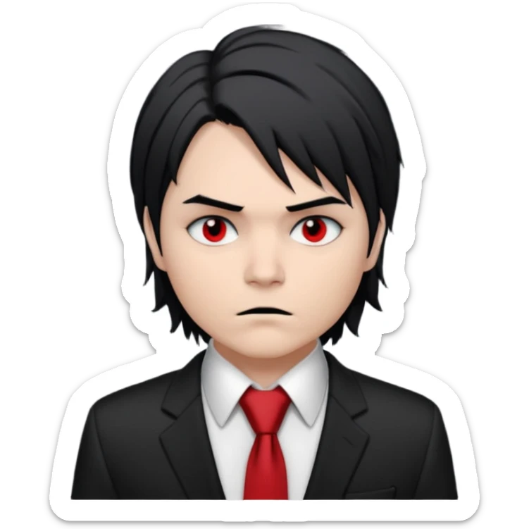Gerard Way (Revenge Era)
Round, simplified emoji style
Pale skin tone
Jet-black, shoulder-length hair messy and emo
Heavy eyeliner and slight red shadow under the eyes
Subtle serious
Hint of red tie visible on black button up shirt.
Transparent background. Black eyeliner. Messy emo hair sticker