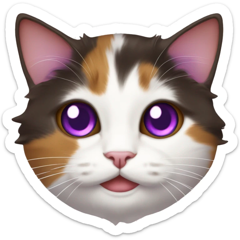 Calico cat with purple eyes and white pupils, dark brown, red, and white color, Munchkin fluffy cat, purple eyes sticker