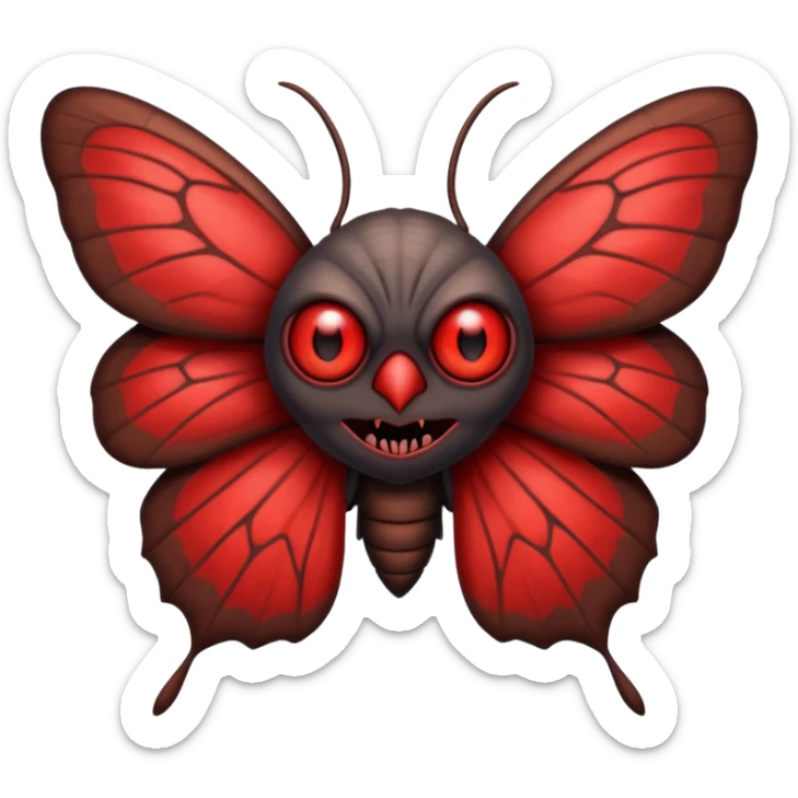 Create a scary emoji of the Mothman with bright red eyes and as depicted in the legend. Make it less bird like and more Moth / Human hybrid sticker