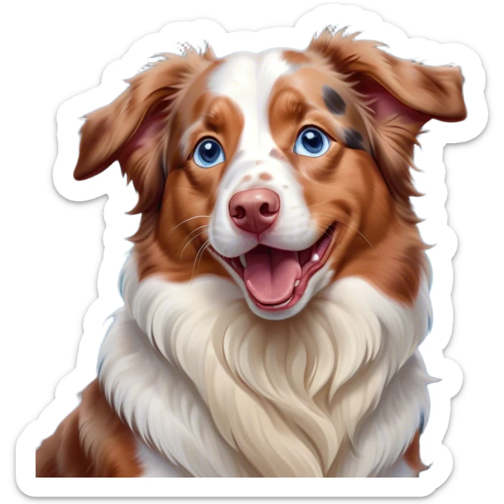 Cinematic Cute Yawning Predominantly White Red Merle Australian Shepherd Portrait Emoji, Head tilted slightly with a dramatic, wide-open yawn, predominantly white fur with hints of red merle, floppy ears slightly drooping, round blue eyes barely open in drowsy contentment, Simplified yet irresistibly adorable features, highly detailed, glowing with a soft, cozy glow, high shine, relaxed yet expressive, stylized with a touch of whimsy, bright and endearing, soft glowing outline, capturing the essence of a sleepy yet affectionate pup, so drowsy it feels like it could stretch right out of the screen and curl up for a nap! sticker