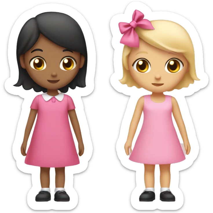 Two girls kissing one girl is blonde and is wearing a pink dress she has black hair and a pink bow the other girl is white and has brown hair with a pink bow and she wears a pink dress sticker