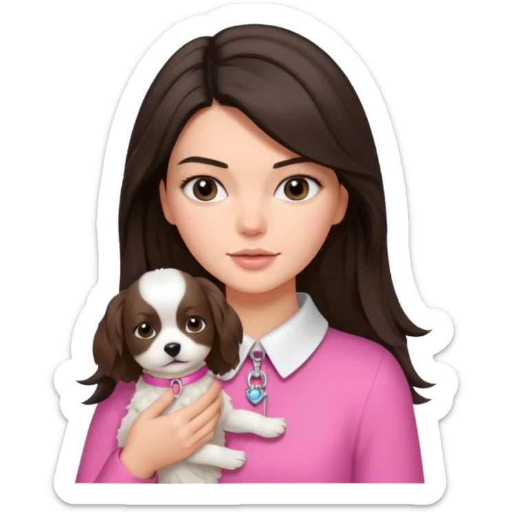brunette woman with flowing hair Kendall Jenner lookalike holding a small white dog with a pink collar sticker