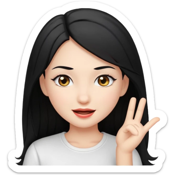 girl with long ash black hair, gray eyes, white shirt, winking sticker